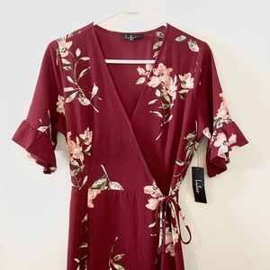 NWT Lulu’s September Sunsets Burgundy Floral Print Wrap Maxi Dress
